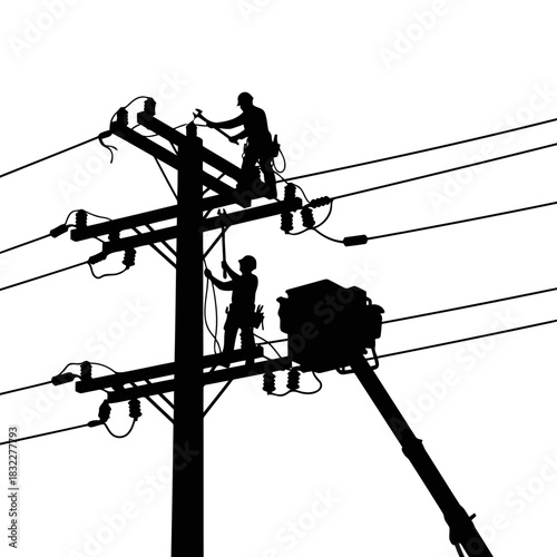 Dynamic silhouette of linemen repairing power lines, symbolizing teamwork, infrastructure, and skilled trades in the energy sector, originally vector graphics