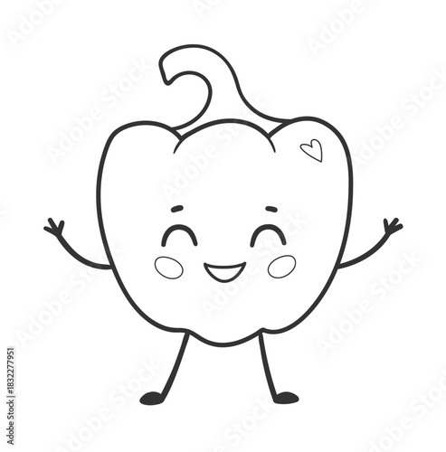 Vector illustration of a cute bell pepper with smiling face in black and white. Line art isolated vegetable object.