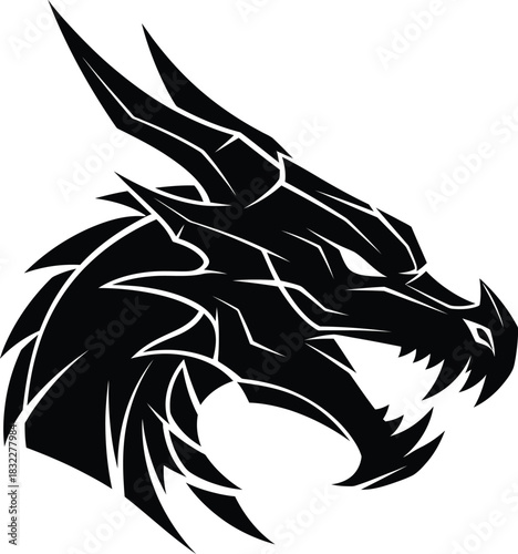 Black and white roaring dragon head logo, a powerful and fearsome mythological creature vector.