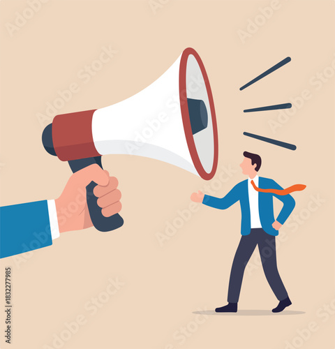  Amplify megaphone, communication voice or advertising message, important announcement loud shouting, broadcast word, message or information concept, businessman shouting on big amplifier megaphone.