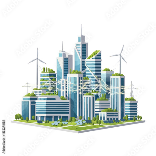 Sustainable city skyline showcasing renewable energy and green building design, ideal for eco-friendly urban planning and future city concepts, promoting sustainability