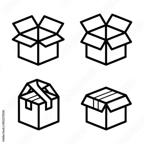 Four simplified line art icons represent various open and closed cardboard boxes.