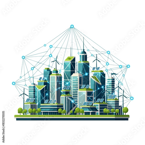 Sustainable urban future vision: A vibrant, interconnected city powered by wind and solar energy, embodying modern eco-conscious design and innovative green technology