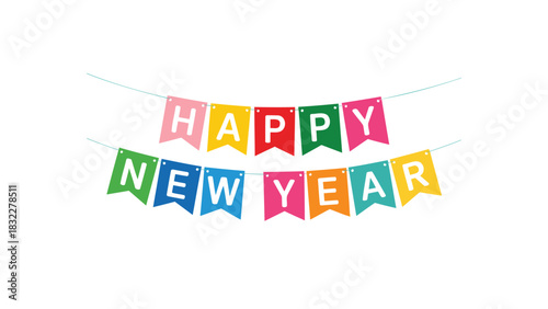 Colorful festive happy new year bunting flags displayed on a white background for celebrations