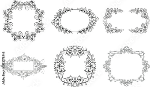 Collection of ornate floral frames for wedding invitations and greeting cards isolated on transparent background