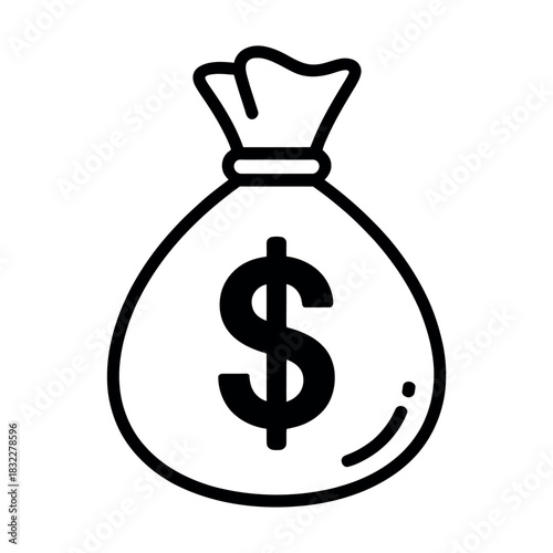 A simple black and white illustration of a money bag with a dollar sign.