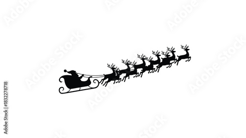 Silhouette of santa claus in his sleigh pulled by a team of reindeer flying across the night sky