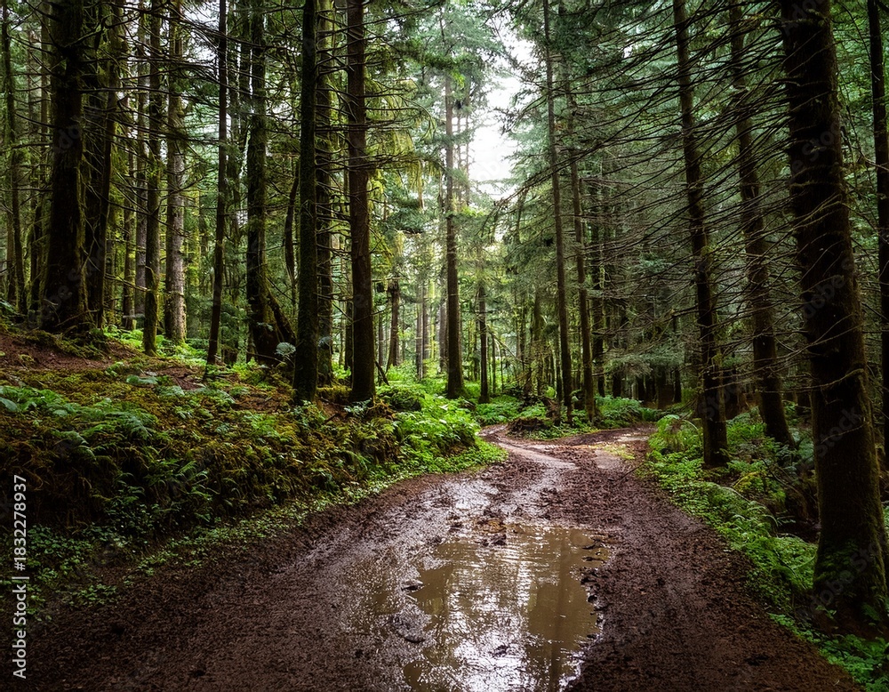 Fototapeta premium muddy forest trail surrounded by towering trees