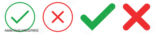Sharp green checkmark and red cross on isolated white background vector symbol for right and wrong choices. Modern flat design, Checkmark icon set. Checkmark right symbol tick sign 