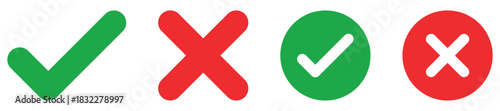 Sharp green checkmark and red cross on isolated white background vector symbol for right and wrong choices. Modern flat design, Checkmark icon set. Checkmark right symbol tick sign 
