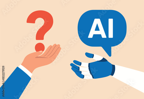  Artificial intelligence AI to help solve problem, chatbot or machine learning to answer hard question, assistance service, technology to help concept, human hand with question mark and AI answer.