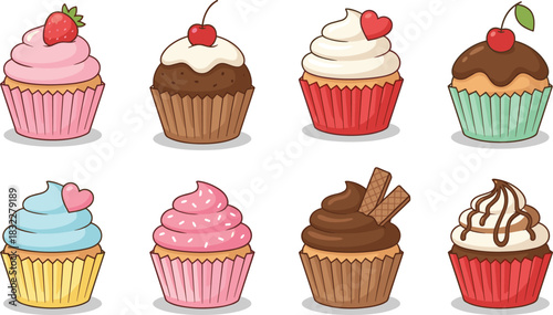 Collection of eight sweet colorful vector cupcakes with various creamy toppings like strawberry, cherry, hearts, and chocolate, isolated on white background for bakery menu.
