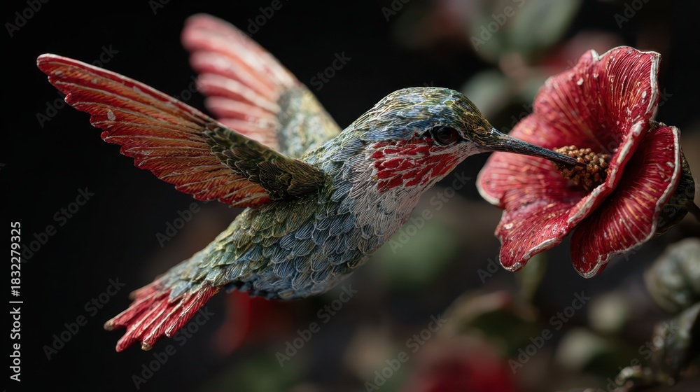Fototapeta premium Colorful hummingbird hovering near vibrant red flower in garden setting during bright daylight