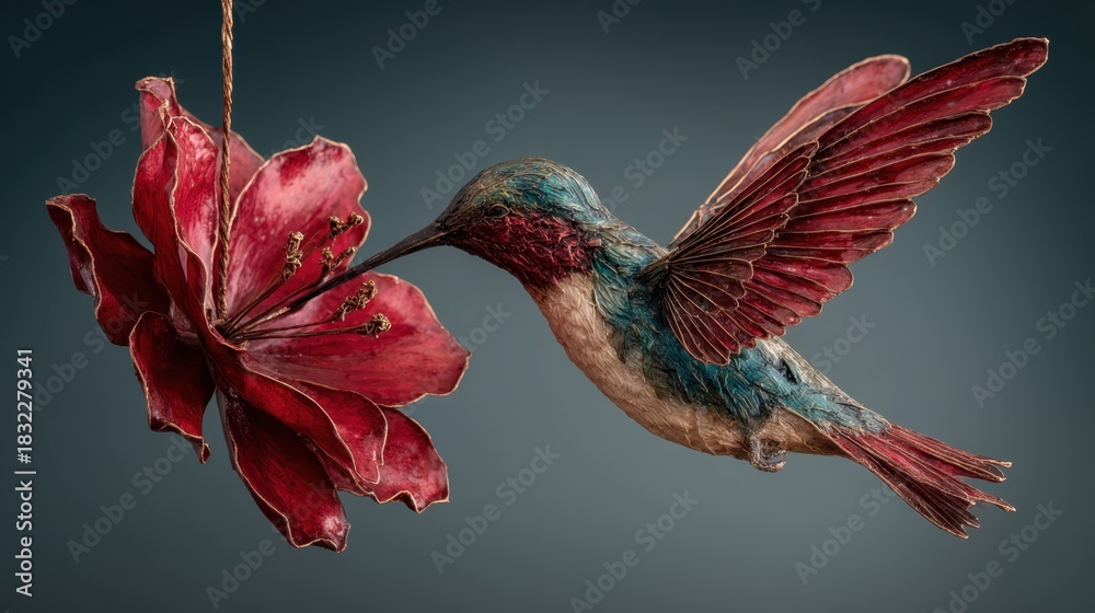 Naklejka premium Brightly colored hummingbird approaches red flower in a detailed art piece showcasing nature's beauty amidst a dark background