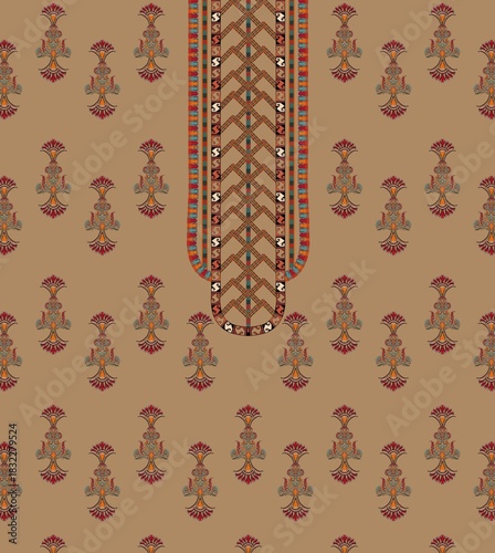 Traditional Ornamental Textile Design – Symmetrical Floral & Geometric Motifs on Tan Background