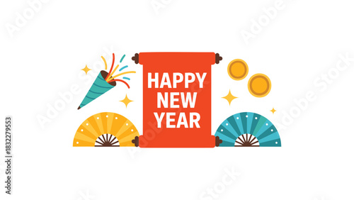 Festive illustration of happy new year with confetti popper decorative fans and golden coins for celebration