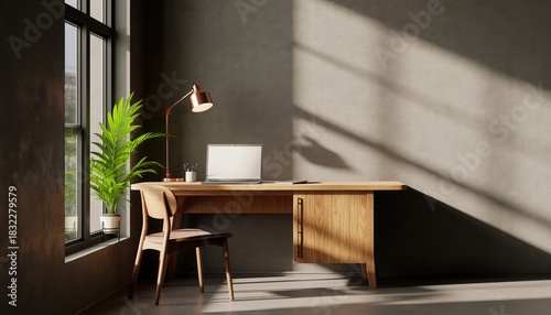 Sunlit Workspace: A serene office space, bathed in natural light, featuring a desk, chair, and a laptop. The scene exudes tranquility and invites creativity.