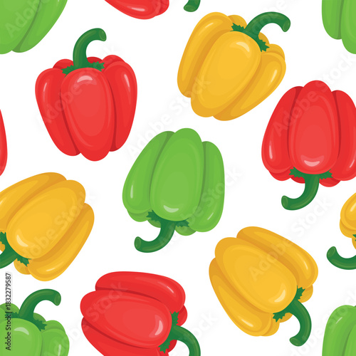 Bell Pepper Seamless Pattern, Vector Illustration. Colorful Bell Pepper Pattern with Red Yellow Green Peppers. Vegetable Pattern, Healthy Food Background for Kitchen Textile, Wrapping Paper, Packaging