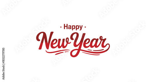 Elegant red script typography celebrating happy new year with decorative flourishes on a white background