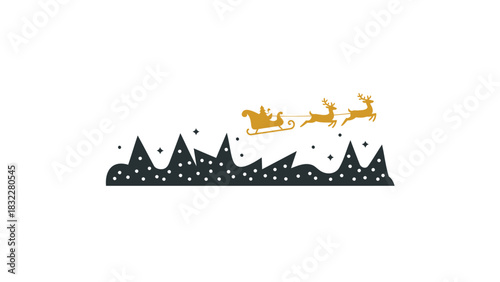 Whimsical silhouette of santa claus in his sleigh pulled by reindeer flying over a snowy starlit mountain landscape
