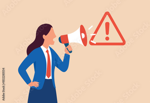 Attention announcement, important message or communicate broadcasting, loudspeaker or exclamation point loud voice concept, confidence businesswoman talking on megaphone with exclamation attention.