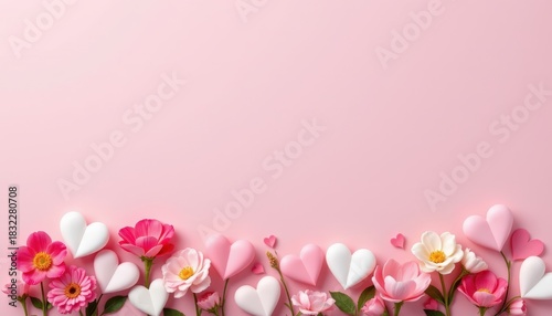 Romantic Decoration with Pink Flowers and Heart Shapes on Soft Pink Background for Love Celebrations