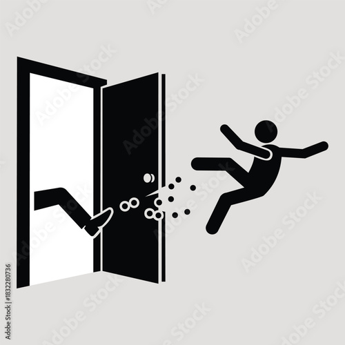 Stick figure being violently kicked out of an open door by another leg, symbolizing rejection, eviction, or being thrown out vector illustration