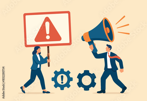 Attention message announcement, important communication or advertisement, beware warning, careful symbol or urgent notification concept, business people carrying attention sign with loud speaker.