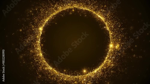 Abstract gold particles forming ring on dark backdrop