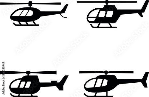 Four simple silhouette illustrations of helicopters in different perspectives