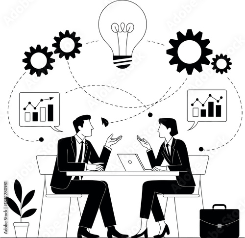 Business professionals collaborating on a new idea, brainstorming with a lightbulb symbol above.