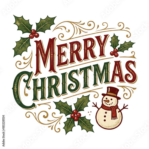 Christmas emblem design featuring holly leaves, pinecones, and red berries, traditional holiday colors, vintage greeting card graphic for festive packaging and retail branding,