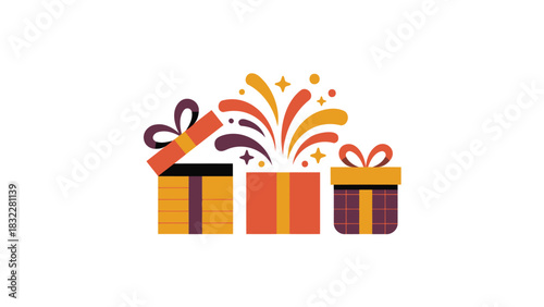 Three colorful gift boxes with ribbons and confetti bursting from one open present celebrating a special occasion