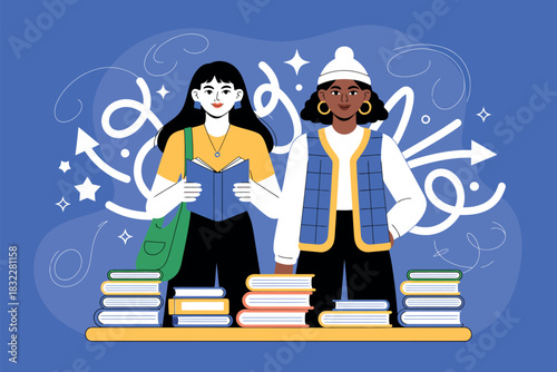 Two diverse young women sharing knowledge and inspiration with books and abstract ideas.