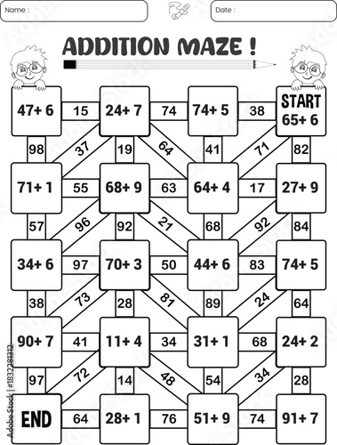 Addition maze puzzle game worksheet for child