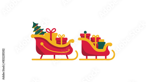 Two festive red santa claus sleighs overflowing with colorful christmas presents and a small green fir tree