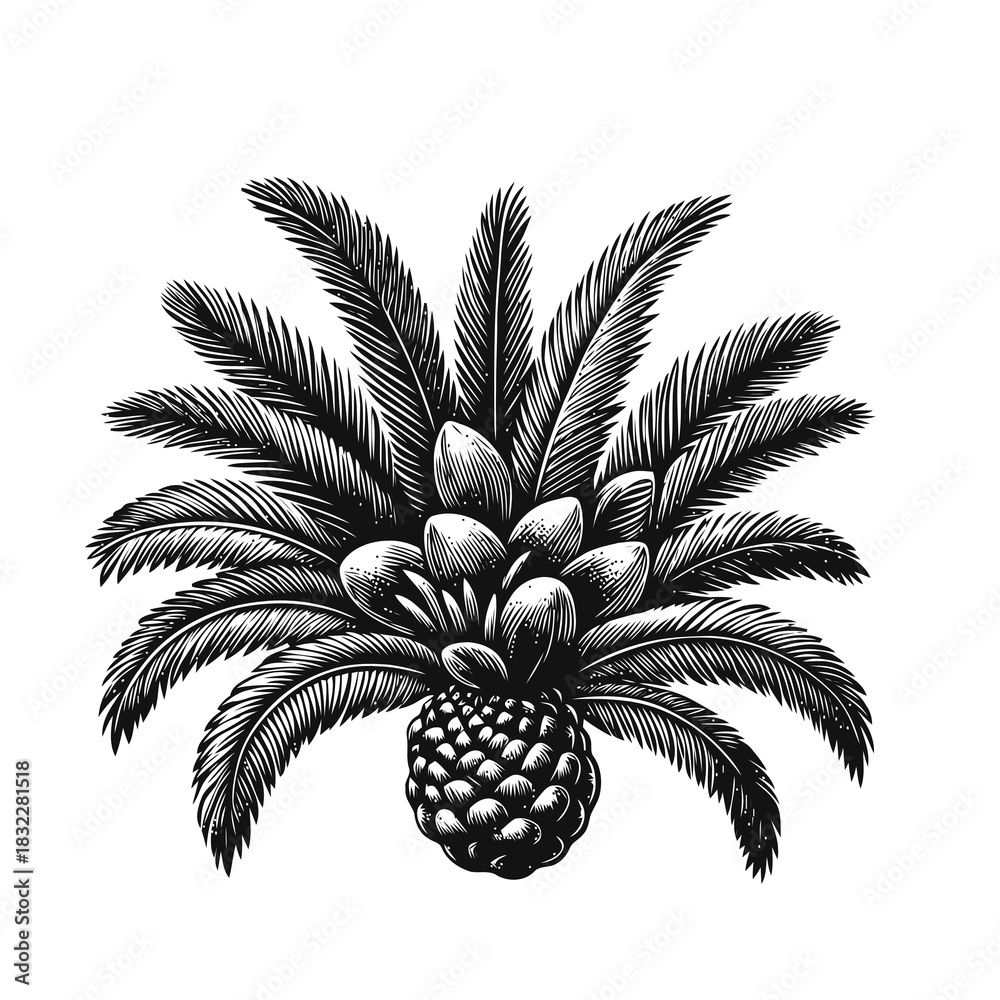 Fototapeta premium Engraving of a palm tree with fruits and leaves isolated on a white background in black and white