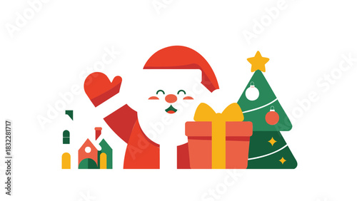 Cheerful santa claus waving hello with festive christmas tree and presents in a whimsical winter village scene