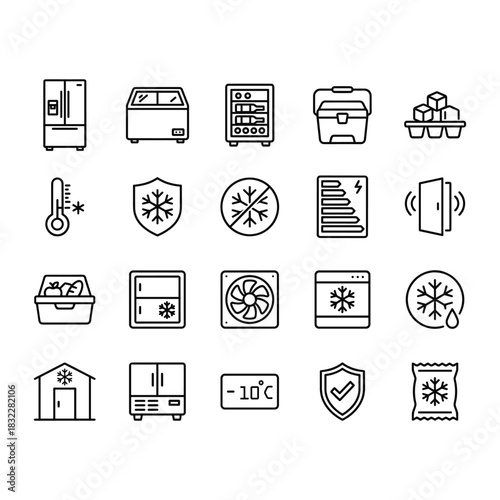 Set of 20 clean line vector icons for refrigeration and cold storage. Includes fridge, freezer, ice, thermometer, and temperature symbols. Isolated outline design.