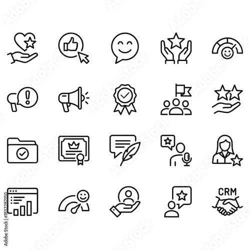 Set of 20 linear vector icons related to customer feedback, reviews, CRM, and ratings. Clean black outline style designed for web, app, and business interfaces.