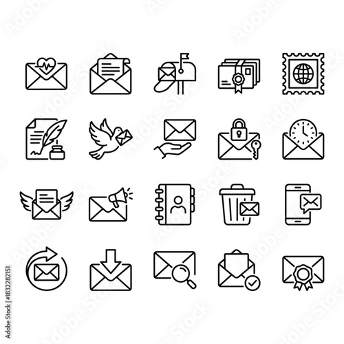 Set of 20 clean line vector icons related to mail, post, and communication. Includes envelope, mailbox, stamp, and email symbols. Outline design isolated on white background.