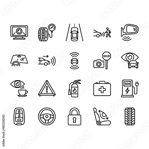 Set of 20 clean line vector icons related to car safety, driver assistance systems, and vehicle technology. Minimalist black outline design on white background.