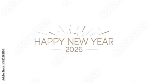 Elegant golden happy new year 2026 text design with celebratory burst and festive minimalist style on white background