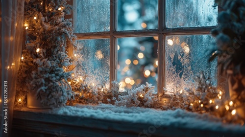 cozy Christmas window with frost and glowing lights