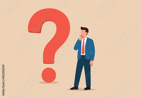 Big question mark or big problem to solve or finding solution, doubt or uncertainty, thinking to make decision, difficult question concept, businessman thinking while looking at big question mark