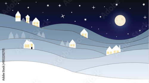 Christmas winter night snowy landscape with soft hills glowing houses warm windows peaceful village under starry sky calm moonlight festive scenery holiday season illustration