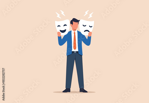 : Bipolar disorder, multi personality or emotional intelligence, change feeling or mood, anxiety disease or depression concept, disguise mask face with one happy smiling and other sad and sorrowful