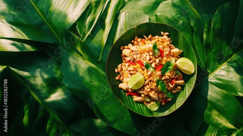 A dish of delicious Pad Thai served on a banana leaf