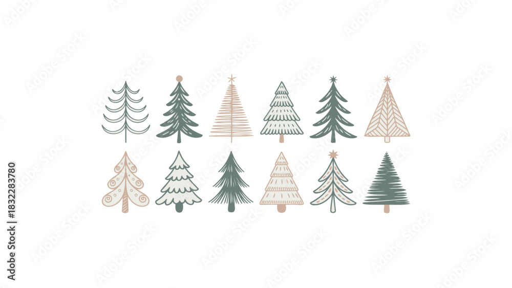 Obraz premium Collection of charming hand drawn festive evergreen trees in various styles and sizes on a white background
