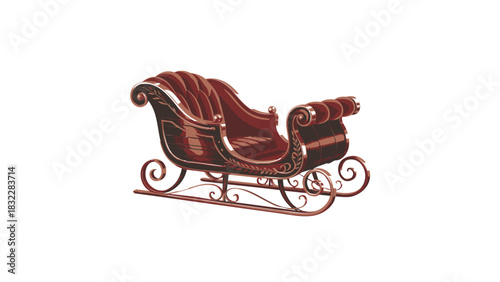 Ornate vintage wooden sleigh with plush seating and decorative metal scrollwork on white background